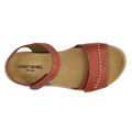 Top view of a single Josef Seibel Juliet 03 Women’s Leather Comfort Sandal in red-brown, featuring a velcro ankle strap, tan cushioned insole, and visible stitching on the front strap. “JOSEF SEIBEL EST. 1886” is printed on the insole—an elegant addition to any collection of women’s sandals.