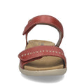 A front view of the Josef Seibel Juliet 03 Women’s Leather Comfort Sandal highlights its bold red leather with contrasting white stitching, crafted for women who appreciate fashionable sandals. Designed with two adjustable straps and a tan cushioned footbed, this sandal combines comfort and style on a flat, light-colored sole.