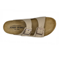 A single Josef Seibel Hermine 01 Comfort Women’s Jandal in Beige Kombi, crafted from nubuck leather with two adjustable buckle straps, a supportive cork sole, and Josef Seibel branding printed on the insole., 53254, 53255, 4062838986044, 4062838986051, 4062838986068, 53259, 53260