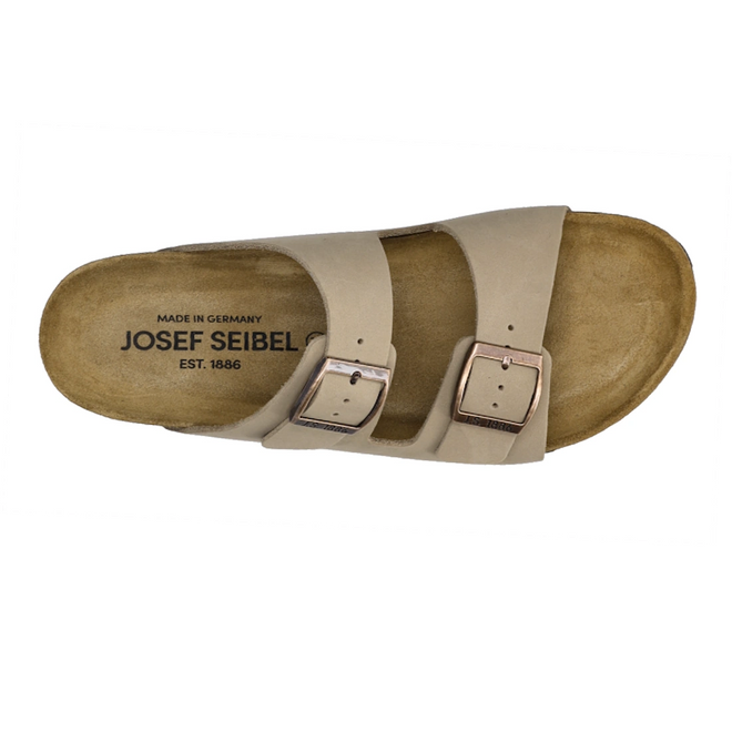 A single Josef Seibel Hermine 01 Comfort Women’s Jandal in Beige Kombi, crafted from nubuck leather with two adjustable buckle straps, a supportive cork sole, and Josef Seibel branding printed on the insole., 53254, 53255, 4062838986044, 4062838986051, 4062838986068, 53259, 53260