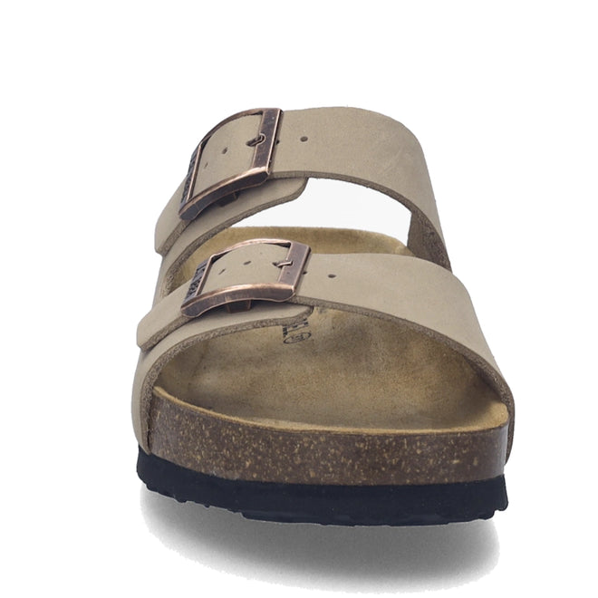 A Josef Seibel Hermine 01 Comfort Women’s Jandal in Beige Kombi, featuring two adjustable nubuck leather straps with metal buckles, a comfy cork footbed, and a black rubber outsole, shown from the front., 53254, 53255, 4062838986044, 4062838986051, 4062838986068, 53259, 53260
