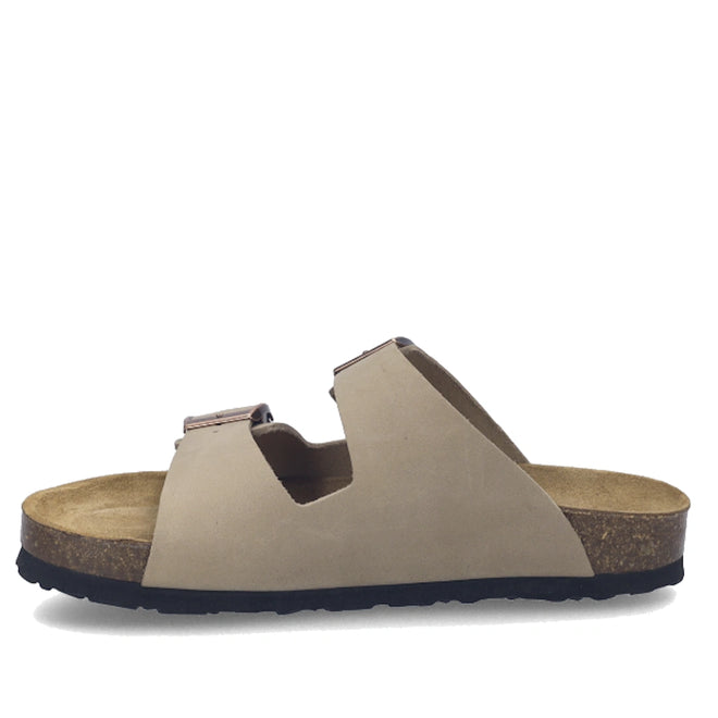 Josef Seibel Hermine 01 Comfort Womens Jandal in Beige Kombi features two adjustable straps with buckles, crafted from soft nubuck leather, and includes a comfortable cork sole with a black textured outsole, displayed in side profile on a white background., 53254, 53255, 4062838986044, 4062838986051, 4062838986068, 53259, 53260