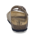 Josef Seibel Hermine 01 Comfort Womens Jandal in Beige Kombi, shown from the back, features a comfortable cork sole, black outsole, and a single nubuck leather strap with a metal buckle. The insole displays brand information., 53254, 53255, 4062838986044, 4062838986051, 4062838986068, 53259, 53260