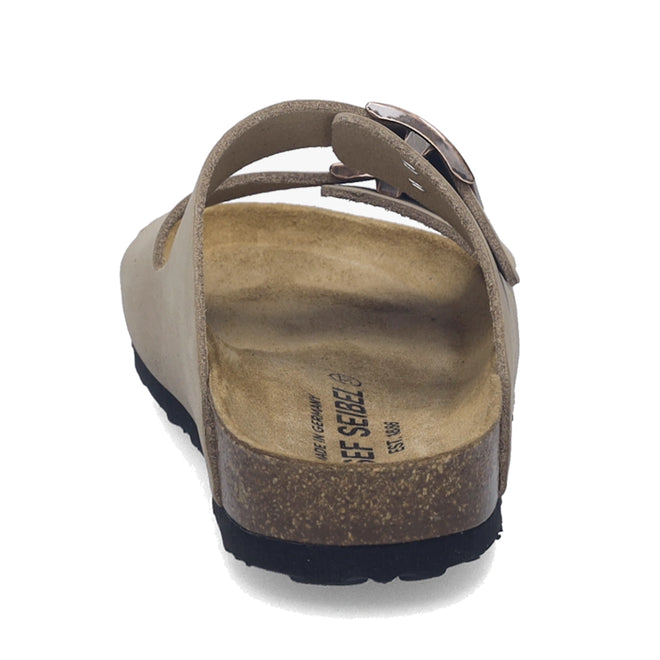 Josef Seibel Hermine 01 Comfort Womens Jandal in Beige Kombi, shown from the back, features a comfortable cork sole, black outsole, and a single nubuck leather strap with a metal buckle. The insole displays brand information., 53254, 53255, 4062838986044, 4062838986051, 4062838986068, 53259, 53260