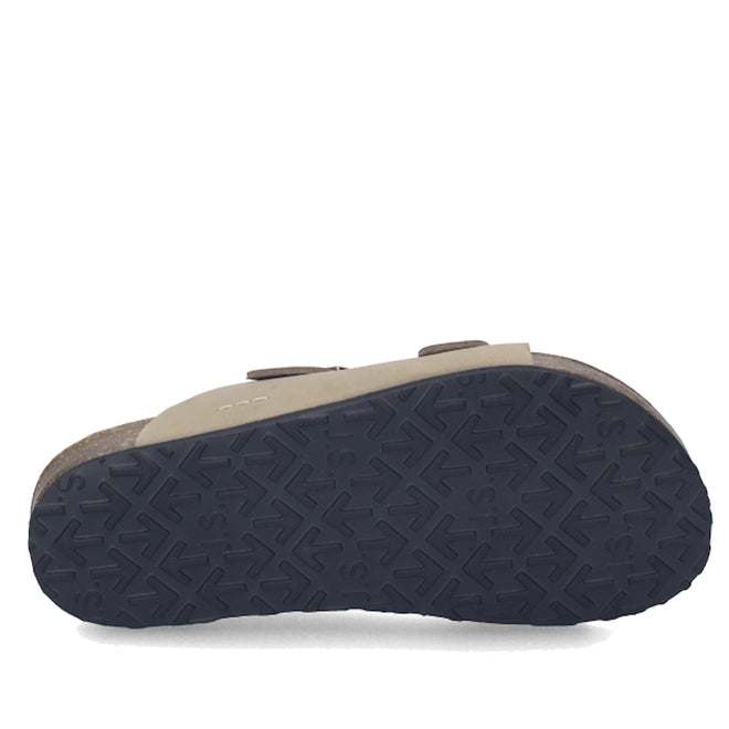 A Josef Seibel Hermine 01 Comfort Womens Jandal in Beige Kombi lies on its side, displaying a black rubber sole with a repeating arrowhead tread pattern and beige nubuck leather straps visible on the upper side., 53254, 53255, 4062838986044, 4062838986051, 4062838986068, 53259, 53260