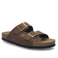 The Josef Seibel Hermine 01 Comfort Womens Jandal Braun Brown Kombi features nubuck leather construction in brown, two wide straps with adjustable gold buckles, a cork footbed, and a black textured sole, shown on a white background.