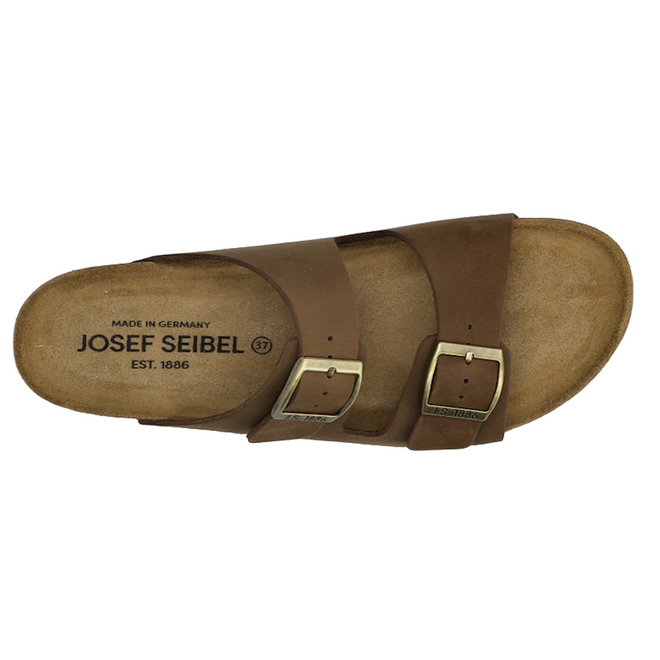 A single Josef Seibel Hermine 01 Comfort Womens Jandal in Braun Brown Kombi features two adjustable buckle straps, a tan footbed, and a nubuck leather upper. The slide includes an insole marked “JOSEF SEIBEL, EST. 1886, MADE IN GERMANY, 37,” blending stylish design with the comfort of a classic cork sole sandal., 53261, 53262, 4062838590043, 4062838590050, 4062838590067, 53266, 53267