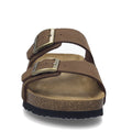 Front view of the Josef Seibel Hermine 01 Comfort Womens Jandal Braun Brown Kombi sandals, featuring two adjustable straps with metal buckles, crafted in luxurious nubuck leather. These sandals showcase a comfortable cork footbed and a black sole, displayed against a white background., 53261, 53262, 4062838590043, 4062838590050, 4062838590067, 53266, 53267