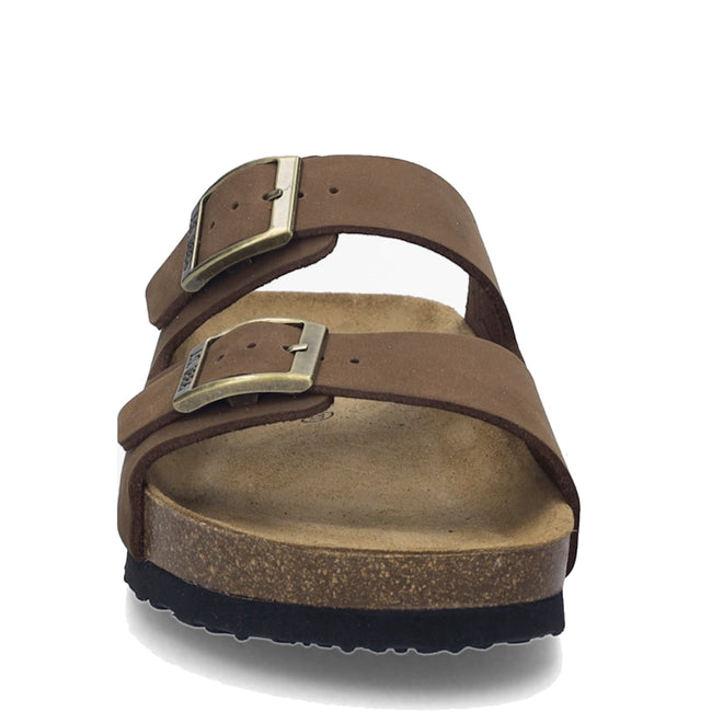 Front view of the Josef Seibel Hermine 01 Comfort Womens Jandal Braun Brown Kombi sandals, featuring two adjustable straps with metal buckles, crafted in luxurious nubuck leather. These sandals showcase a comfortable cork footbed and a black sole, displayed against a white background., 53261, 53262, 4062838590043, 4062838590050, 4062838590067, 53266, 53267
