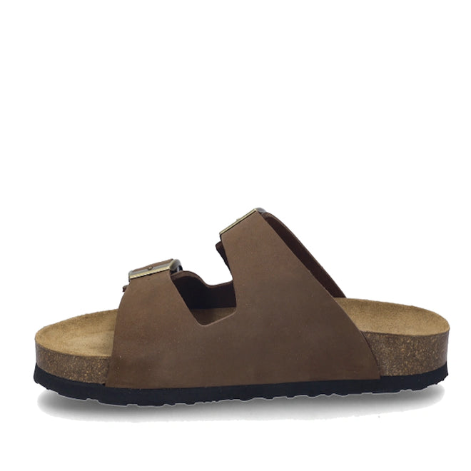 Josef Seibel Hermine 01 Comfort Womens Jandal in Braun Brown Kombi, featuring two adjustable straps crafted from nubuck leather, a cork footbed, and a black rubber sole, shown in side profile against a white background., 53261, 53262, 4062838590043, 4062838590050, 4062838590067, 53266, 53267