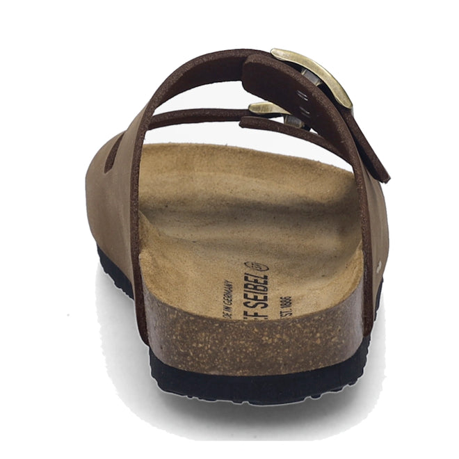 Rear view of the Josef Seibel Hermine 01 Comfort Womens Jandal in Braun Brown Kombi, featuring an open-toe design, cork footbed, black sole, and a strap with a metal buckle. The interior branding text is partially visible. This comfortable sandal evokes the timeless style of classic cork sole sandals, true to the signature Hermine 01 design., 53261, 53262, 4062838590043, 4062838590050, 4062838590067, 53266, 53267