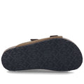 A sandal shown from the bottom, displaying a black textured sole with a herringbone pattern and embossed brand name. The upper part of the Josef Seibel Hermine 01 Comfort Womens Jandal Braun Brown Kombi sandal is light brown, highlighting the refined look characteristic of nubuck leather slides., 53261, 53262, 4062838590043, 4062838590050, 4062838590067, 53266, 53267
