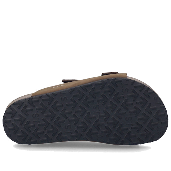 A sandal shown from the bottom, displaying a black textured sole with a herringbone pattern and embossed brand name. The upper part of the Josef Seibel Hermine 01 Comfort Womens Jandal Braun Brown Kombi sandal is light brown, highlighting the refined look characteristic of nubuck leather slides., 53261, 53262, 4062838590043, 4062838590050, 4062838590067, 53266, 53267
