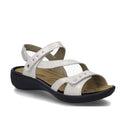Step into iconic style with the Josef Seibel Ibiza 70 Women’s Leather Comfort Sandal in White, featuring white strappy leather uppers, an open toe, cushioned beige insole, a low black sole, ankle strap, and metallic stud detailing—perfect for channeling the flair of the Ibiza 70 collection.