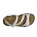 A top-down view of the Josef Seibel Ibiza 70 Women’s Leather Comfort Sandal in white shows a dual-strap design with metallic studs on one strap, a tan insole featuring a decorative leaf pattern, and a black sole., 4062838862096, 4062838862102, 4062838862119, 4062838862126, 4062838862133, 4062838862140