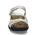 Front view of the Josef Seibel Ibiza 70 Women’s Leather Comfort Sandal in white, featuring two adjustable straps with visible metal studs and a cushioned insole adorned with a leaf pattern. Inspired by the classic Ibiza 70 design, these sandals showcase a stylish black sole that is slightly raised at the heel for enhanced comfort and modern appeal., 4062838862096, 4062838862102, 4062838862119, 4062838862126, 4062838862133, 4062838862140