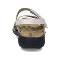 A close-up rear view of the Josef Seibel Ibiza 70 Women’s Leather Comfort Sandal in white, featuring soft leather straps and a contrasting black sole with a floral-patterned insole—a stylish and comfortable choice for your women’s sandal collection., 4062838862096, 4062838862102, 4062838862119, 4062838862126, 4062838862133, 4062838862140