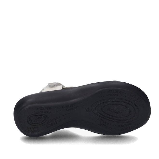 The image displays the black rubber sole of the Josef Seibel Ibiza 70 Women’s Leather Comfort Sandal in White, viewed from below. The sole features textured patterns and embossed branding for grip, while the upper part of this sandal is white leather., 4062838862096, 4062838862102, 4062838862119, 4062838862126, 4062838862133, 4062838862140