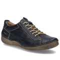 The Josef Seibel Fergy 56 Women’s Casual Lace Up Shoe in Black is crafted from premium smooth leather with beige laces and stitching, featuring a cushioned brown sole and low-top design for comfortable wear, displayed on a white background.
