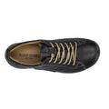 Top view of the Josef Seibel Fergy 56 Women’s Casual Lace Up Shoe in black, crafted from premium smooth leather with beige laces and white stitching. The tan insole is labeled “JOSEF SEIBEL EST. 1886” in black text, ensuring a comfortable fit with every step.