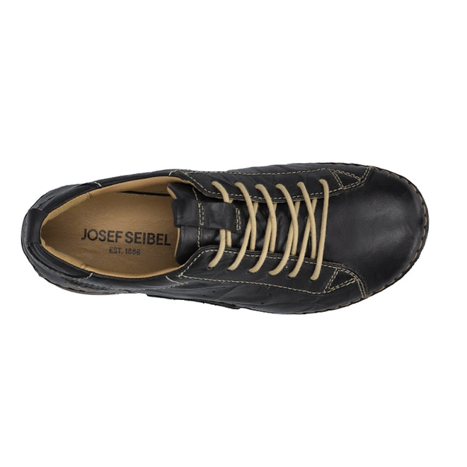 Top view of the Josef Seibel Fergy 56 Women’s Casual Lace Up Shoe in black, crafted from premium smooth leather with beige laces and white stitching. The tan insole is labeled “JOSEF SEIBEL EST. 1886” in black text, ensuring a comfortable fit with every step.
