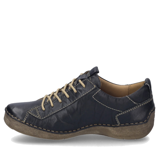 The Josef Seibel Fergy 56 Women’s Casual Lace Up Shoe is shown from the side on a white background, crafted in black premium smooth leather with lace-up closure, contrast stitching, and a textured rubber sole for added comfort.