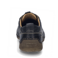 A rear view of the Josef Seibel Fergy 56 Women’s Casual Lace Up Shoe in black, crafted from premium smooth leather with visible stitching, a brown sole, heel pull tab, and tan interior lining, displayed against a white background for a comfortable fit.