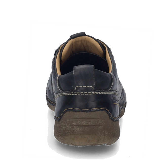 A rear view of the Josef Seibel Fergy 56 Women’s Casual Lace Up Shoe in black, crafted from premium smooth leather with visible stitching, a brown sole, heel pull tab, and tan interior lining, displayed against a white background for a comfortable fit.