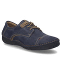Introducing the Josef Seibel Fergy 41 Women’s Casual Lace Up Shoe in Ocean Blue, crafted from premium leather with tan laces, beige handcrafted stitch detailing, and a black rubber sole—shown at an angle from the front left side.