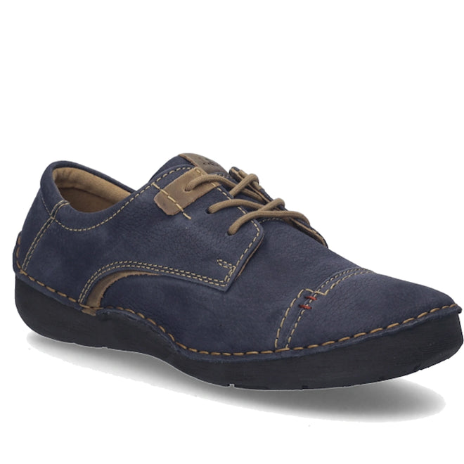 Introducing the Josef Seibel Fergy 41 Women’s Casual Lace Up Shoe in Ocean Blue, crafted from premium leather with tan laces, beige handcrafted stitch detailing, and a black rubber sole—shown at an angle from the front left side.