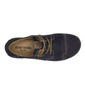 Top view of an ocean blue Josef Seibel Fergy 41 women’s casual lace-up shoe with tan laces and stitching, handcrafted stitch detailing, tan inner lining, and visible JOSEF SEIBEL EST. 1886 branding on the insole., 53128, 4062838921991, 4062838922004, 4062838922011, 53132, 53133