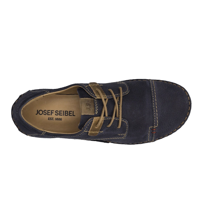Top view of an ocean blue Josef Seibel Fergy 41 women’s casual lace-up shoe with tan laces and stitching, handcrafted stitch detailing, tan inner lining, and visible JOSEF SEIBEL EST. 1886 branding on the insole., 53128, 4062838921991, 4062838922004, 4062838922011, 53132, 53133