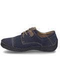 The Josef Seibel Fergy 41 Women’s Casual Lace Up Shoe in Ocean Blue is shown from the side on a white background, featuring handcrafted beige stitch detailing, brown laces, and a rubber sole., 53128, 4062838921991, 4062838922004, 4062838922011, 53132, 53133