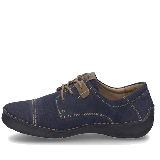 The Josef Seibel Fergy 41 Women’s Casual Lace Up Shoe in Ocean Blue is shown from the side on a white background, featuring handcrafted beige stitch detailing, brown laces, and a rubber sole., 53128, 4062838921991, 4062838922004, 4062838922011, 53132, 53133