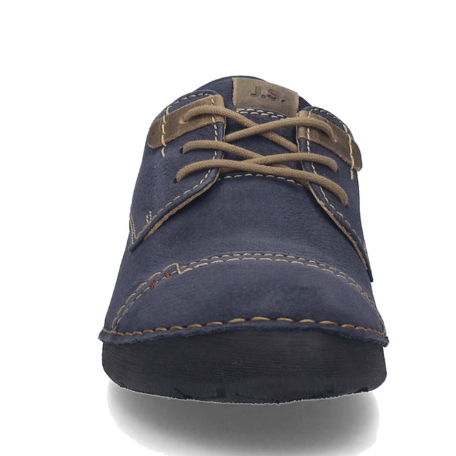 Front view of the Josef Seibel Fergy 41 Womens Casual Lace Up Shoe in ocean blue suede with tan laces and visible tan stitching, set against a white background—perfectly showcasing the handcrafted stitch detailing for those seeking stylish women’s lace-up casual shoes., 53128, 4062838921991, 4062838922004, 4062838922011, 53132, 53133