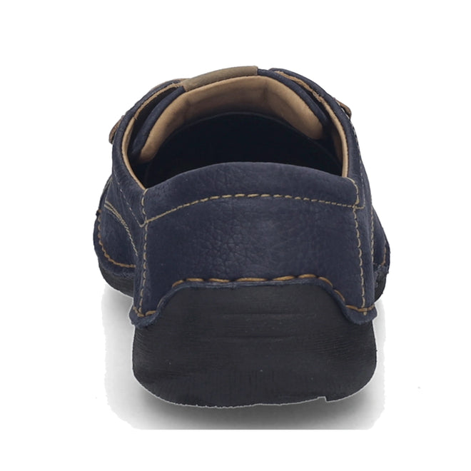 Rear view of the Josef Seibel Fergy 41 Women’s Casual Lace Up Shoe in Ocean Blue, featuring handcrafted stitch detailing, a black rubber sole, and a beige inner lining, isolated on a white background., 53128, 4062838921991, 4062838922004, 4062838922011, 53132, 53133