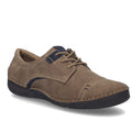 Josef Seibel Fergy 41 women’s casual lace up shoe in Castagne Brown, crafted from premium leather with handcrafted stitch detailing, features a black rubber sole and dark blue accents near the laces and heel. The shoe is positioned to highlight both its side and front profiles.