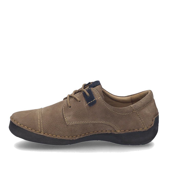 Introducing the Josef Seibel Fergy 41 Women’s Casual Lace Up Shoe in Castagne Brown—a stylish, side-profile footwear option crafted from premium leather. This shoe features handcrafted stitch detailing, a durable black rubber sole, and a distinctive dark accent near the laces. Displayed on a white background., 53134, 4062838922158, 4062838922165, 4062838922172, 53138, 53139