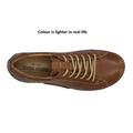 Top view of the Josef Seibel Fergy 56 Women’s Casual Lace Up Shoe in Cognac Tan, crafted from premium smooth leather with white stitching and beige laces. The text above the shoe reads, Colour is lighter in real life.