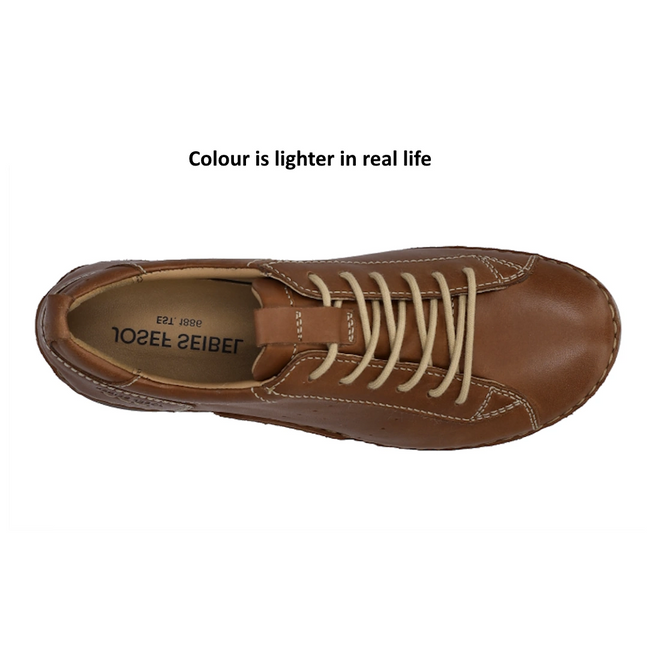 Top view of the Josef Seibel Fergy 56 Women’s Casual Lace Up Shoe in Cognac Tan, crafted from premium smooth leather with white stitching and beige laces. The text above the shoe reads, Colour is lighter in real life.