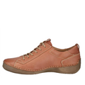 The Josef Seibel Fergy 56 Women’s Casual Lace Up Shoe in Cognac Tan is crafted from premium smooth leather, highlighted with beige stitching and set on a light brown rubber sole for all-day comfort, showcased from a side view against a white background.