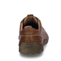 A cognac tan Josef Seibel Fergy 56 women’s casual lace-up shoe is viewed from the back, highlighting its stitching details and thick rubber sole against a white background, designed for a comfortable fit.