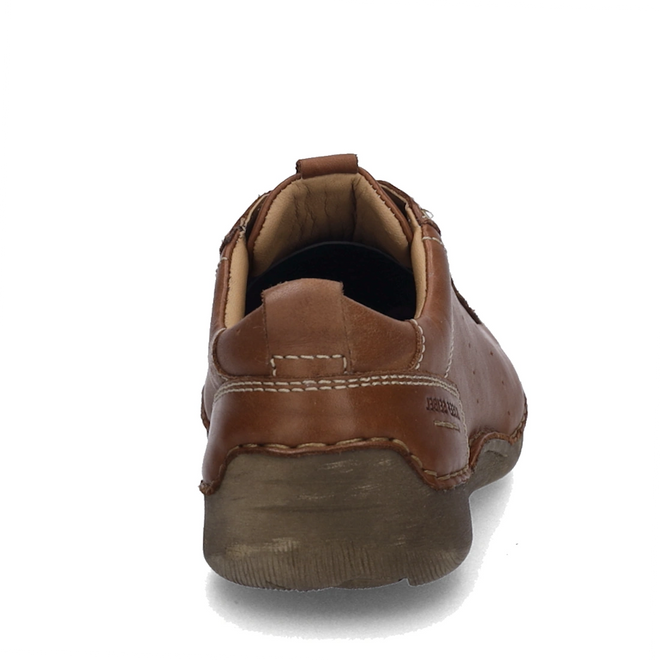 A cognac tan Josef Seibel Fergy 56 women’s casual lace-up shoe is viewed from the back, highlighting its stitching details and thick rubber sole against a white background, designed for a comfortable fit.