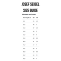 Josef Seibel size guide for women and men, featuring popular styles like the Josef Seibel Juliet 03 Womens Leather Comfort Sandal and a variety of women’s red leather sandals. This chart displays foot length in centimeters alongside EU and UK shoe sizes, ranging from 22.1 cm (EU 35, UK 2.5) to 29.3 cm (EU 46, UK 11).