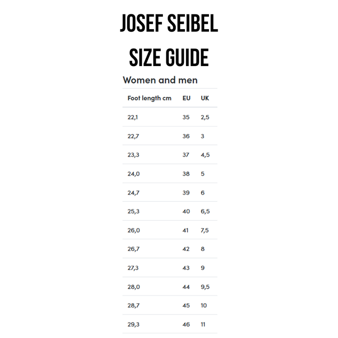 Josef Seibel size guide for women and men, featuring popular styles like the Josef Seibel Juliet 03 Womens Leather Comfort Sandal and a variety of women’s red leather sandals. This chart displays foot length in centimeters alongside EU and UK shoe sizes, ranging from 22.1 cm (EU 35, UK 2.5) to 29.3 cm (EU 46, UK 11).