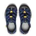 Top view of a pair of Keen Kids Newport H2 sandals in Blue Naval/Academy Yellow (US 8 toddlers to 6 youths), featuring black and blue closed-toe design with yellow accents, durable Velcro adjustable straps, and grippy non-marking soles, placed side by side on a white background.