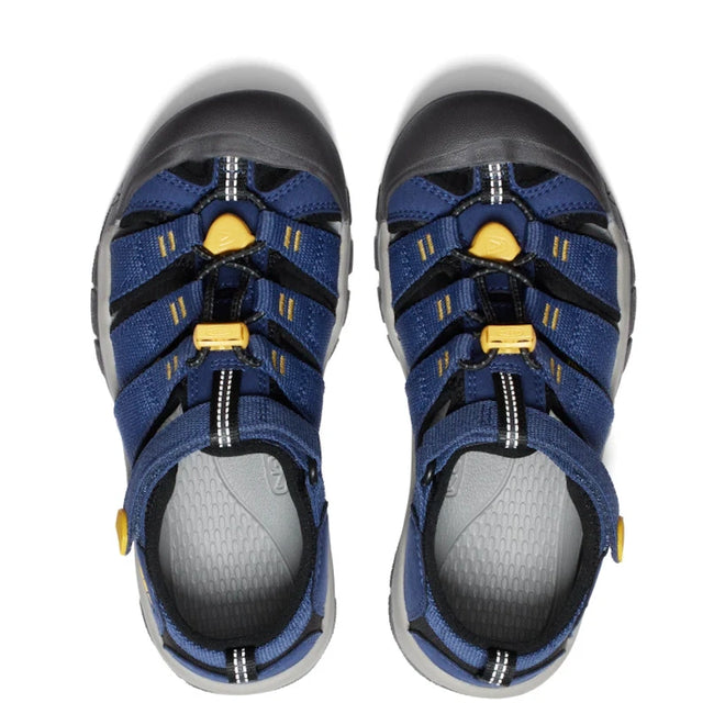 Top view of a pair of Keen Kids Newport H2 sandals in Blue Naval/Academy Yellow (US 8 toddlers to 6 youths), featuring black and blue closed-toe design with yellow accents, durable Velcro adjustable straps, and grippy non-marking soles, placed side by side on a white background.
