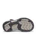 The image displays the sole of the Keen Kids Newport H2 sandal in Blue Naval Academy Yellow (US 8 Toddlers to 6 Youths), featuring a durable, multi-directional gray and black tread pattern. The grippy, non-marking outsole delivers reliable traction for active kids on various surfaces.