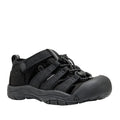 Introducing the Keen Kids Newport Black Yellow School Sandal Youths—a durable, black children’s sandal designed with a protective closed toe, thick rubber sole, adjustable bungee lacing, and convenient velcro strap. Engineered for outdoor adventures and active use, its rugged construction is inspired by the iconic Keen Newport H2 style.