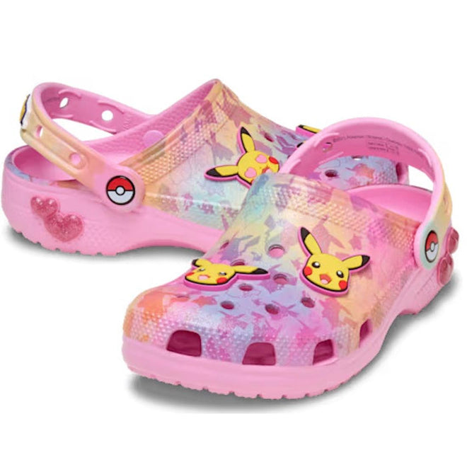 Pikachu Jibbizs on a Pink children's Crocs clogs with cartoon character design on a white background